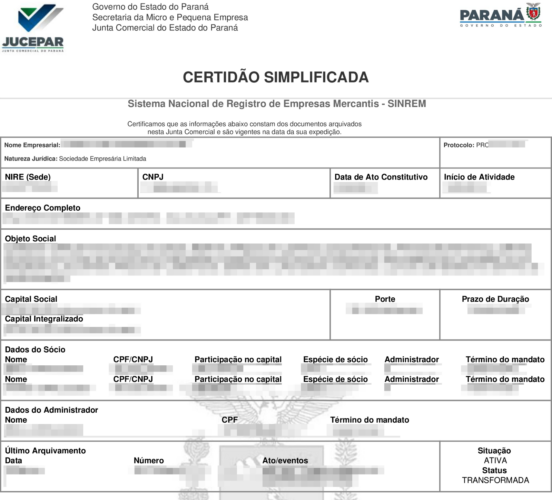 Modelo da certidão simplificada do estado do Paraná.